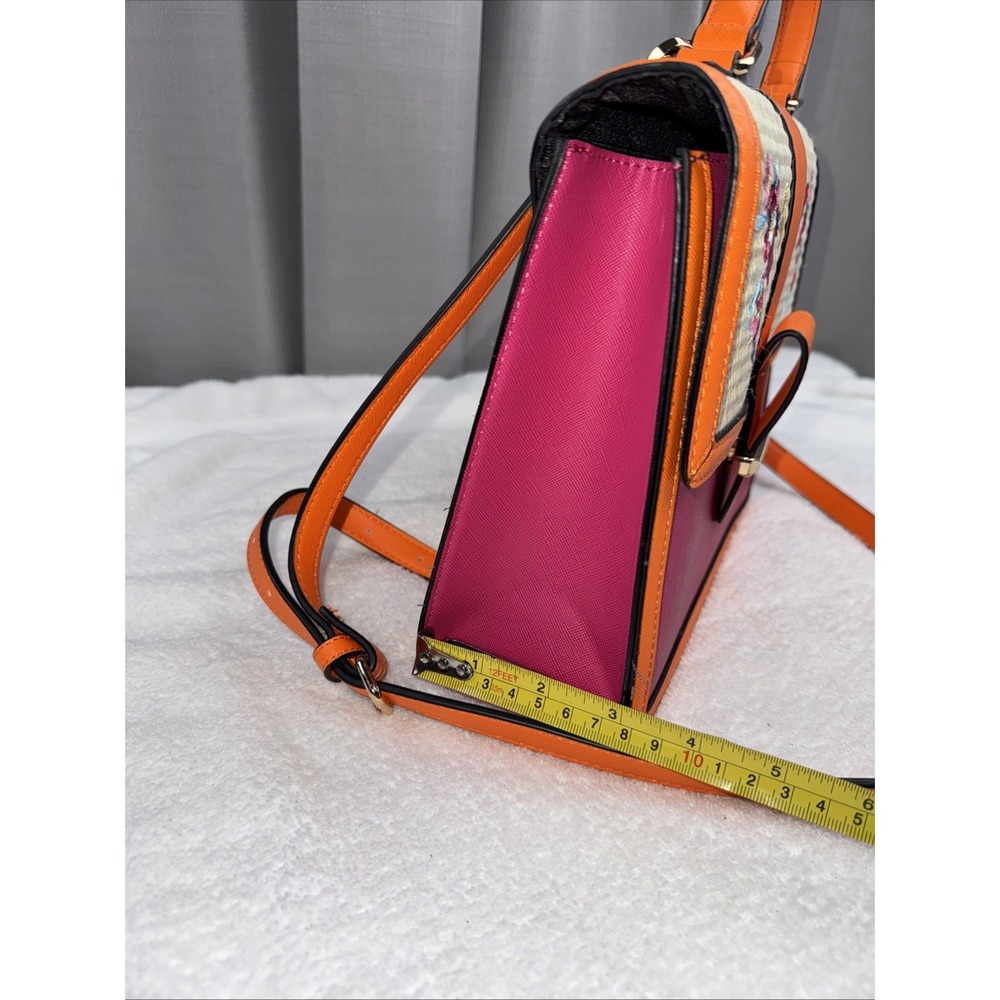 Aldo Satchel Handbag Hot Pink Orange Tan Raffia With Floral Embroidery EUC Cute! - Picture 9 of 9